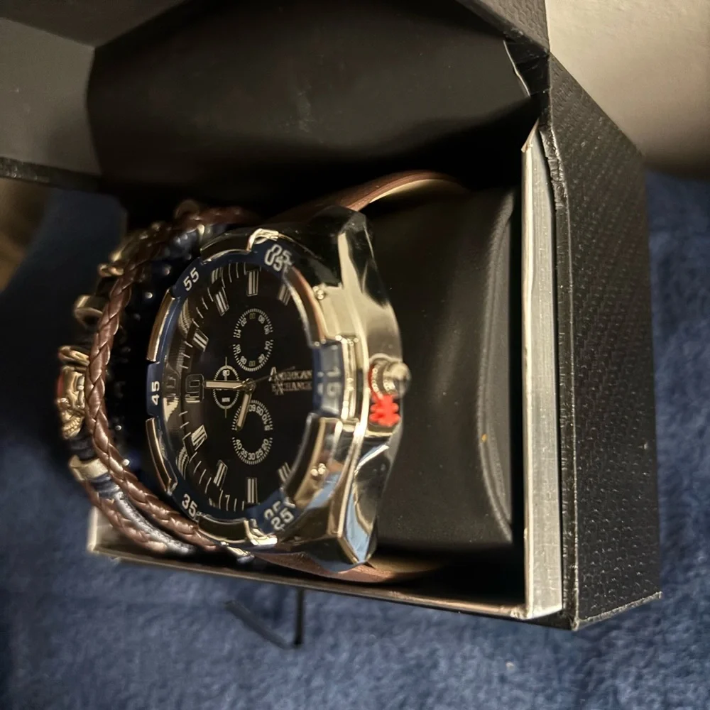 American Exchange Men's Brown Chronograph Watch & 3-pc Stackable Bracelet Set